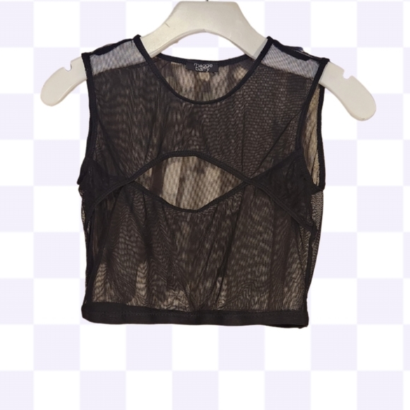 SHEER MESH PEEKABOO OPENING CROP SLEEVELESS CAMI/TOP BLACK XSMALL. - Picture 2 of 8